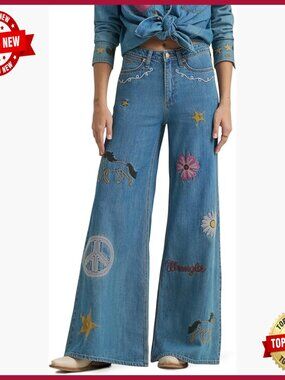 High Rise Wide Leg Jeans with Embroidered Patchwork Design
